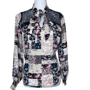 Cure. Petites Women's Floral Colorblock Lace Illusion Tie Neck Blouse Top PM